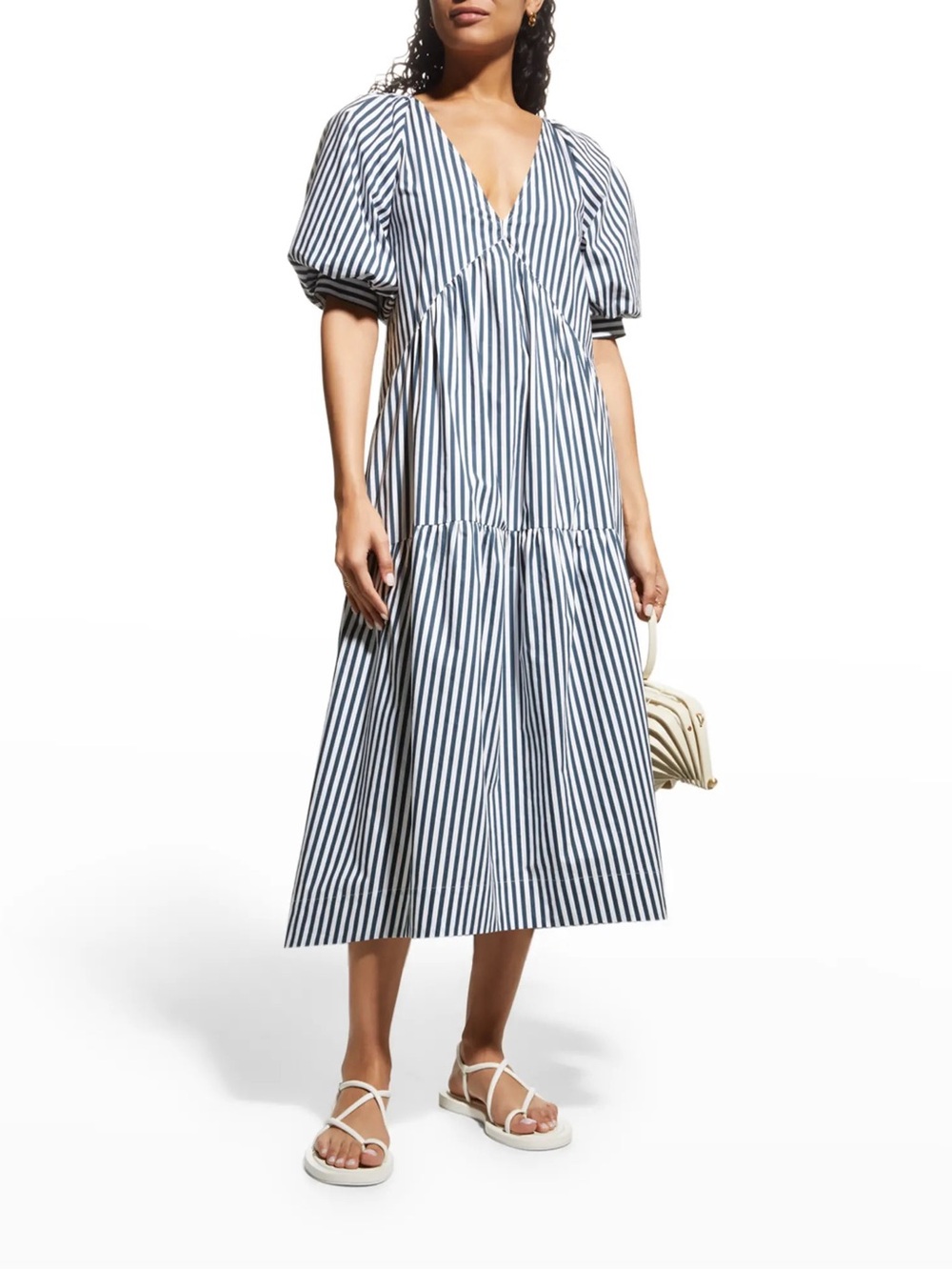 Frame Striped Puff Sleeve Midi Dress